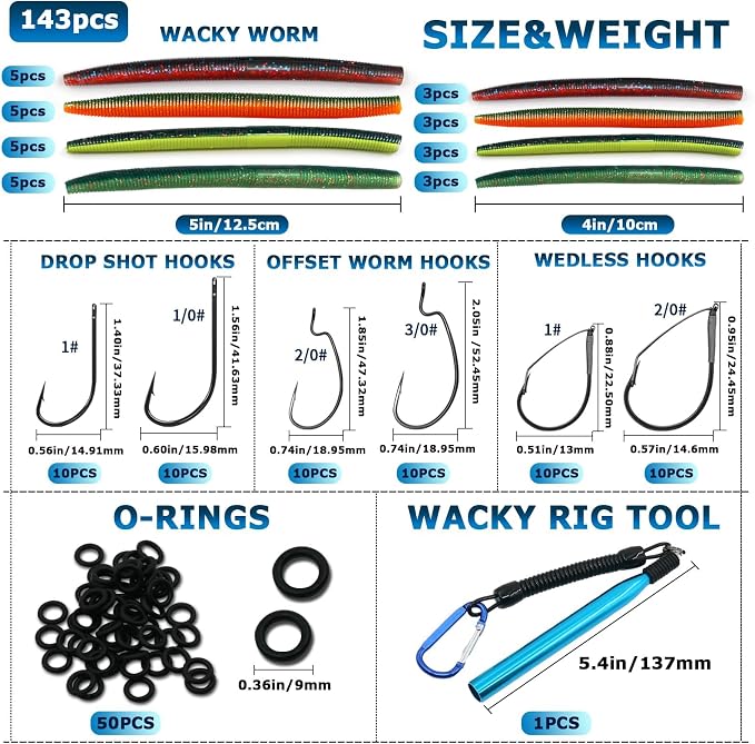 Wacky Rig Kit for Bass Fishing 143/171PCS Soft Plastic Wacky Worms (4in & 5in) Weedless Wacky Rig Hooks & Tool O-Rings, Bass Trout