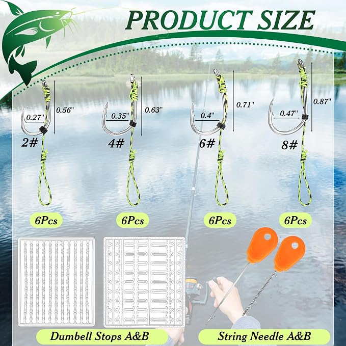 Seenelling 78 Pcs Carp Fishing Hair Rigs Bait Carp Rigs Kit Includes 24 High Carbon Steel Curved Barbed Hook 50 Fake Corn Lures 2 Line Bait Stopper 2 Needle Fishing Equipment Accessories
