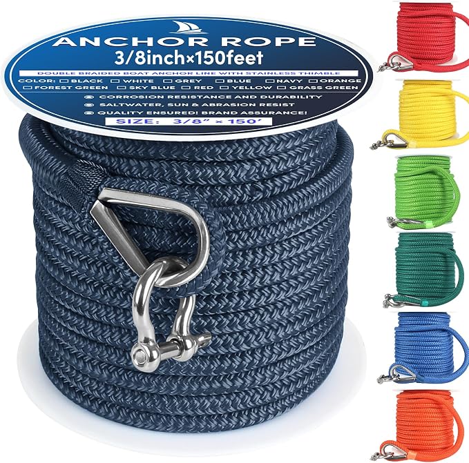 Boat Anchor Rope 150 ft x 3/8 inch Navy Blue, Double Braided Anchor Line with Stainless Steel Thimble & Shackle, Marine Rope Ideal for Towing,Mooring,Decks,Anchoring,for Boats Up to 27'