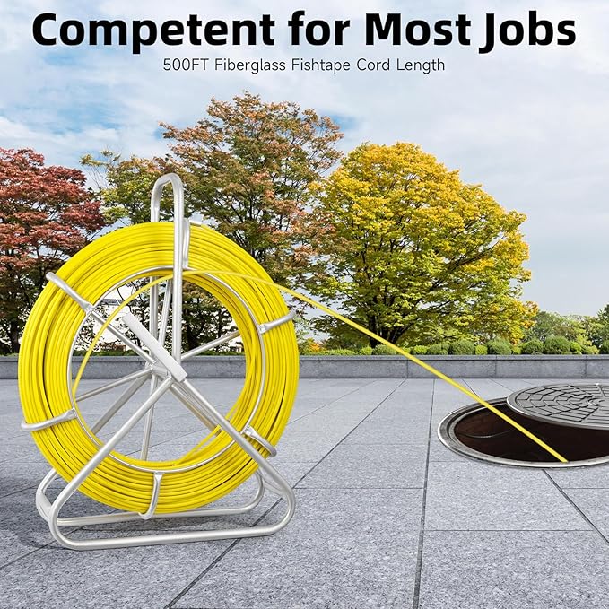 Fish Tape Fiberglass, 500FT, 1/4in, Duct Rodder Fish Tape Wire Puller, Electrical Fish Tape Cable Running Rod with Steel Reel Stand, Fishing Tools for Walls & Electrical Conduit