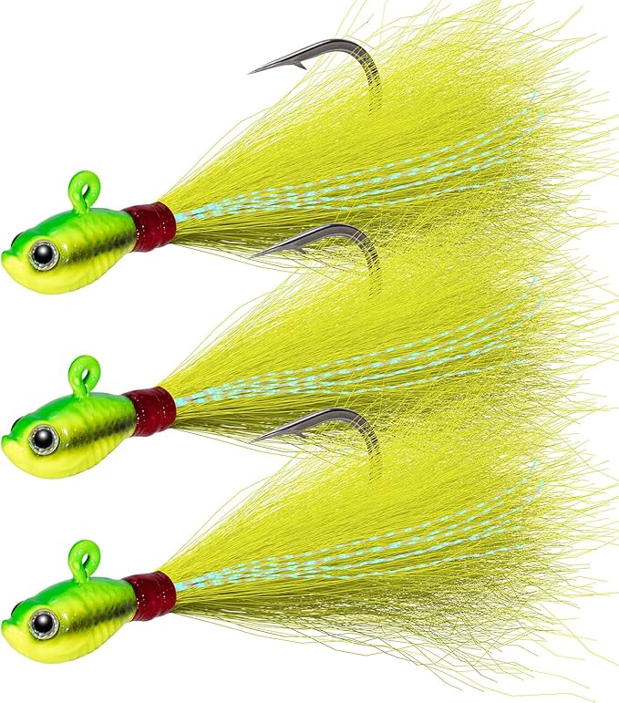 Dr.Fish 3 Pack Bucktail Jig Lure Hair Jig Saltwater Freshwater Lures Surf Fishing Bass Flounder Striper Bluefish Halibut Redfish