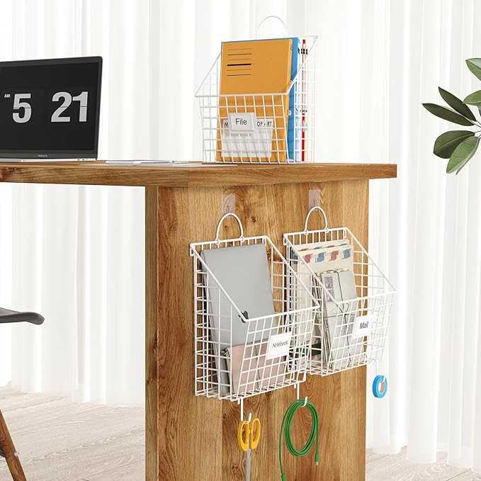 Wall File Organizer Metal Hanging File Organizer,Wall Mount File Holder, Magazine Rack and Mail Holder with Hooks for Home Office, 4 Packs, White(Patent Pending)