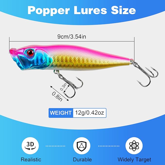OROOTL Fishing Popper Lures, 8pcs Topwater Fishing Lures Hard Baits Lifelike Swimbait with Treble Hook Poppers for Bass Trout Walleye Pike Panfish Freshwater Saltwater