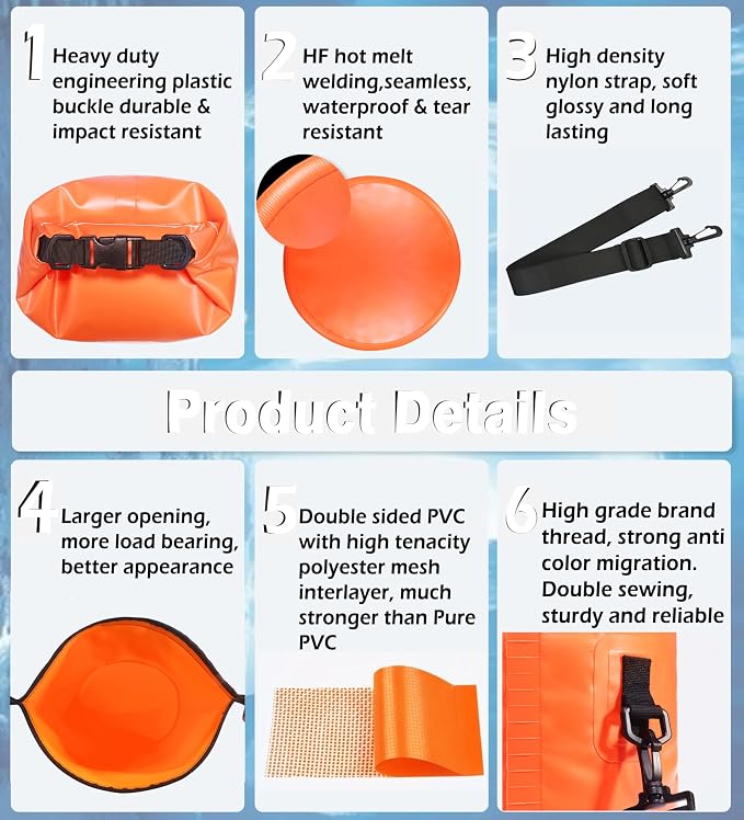 Soulsfeng Waterproof Dry Bag Backpack, Roll Top Floating Dry Storage Bag with Phone Case, Lightweight Dry Sack for Kayaking, Boating, Beach, Travel, Camping 20L, Orange