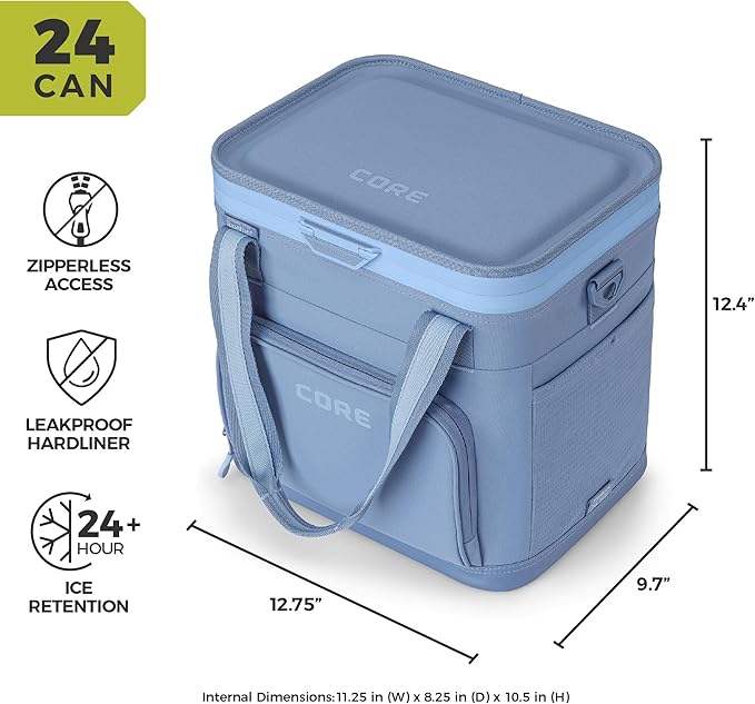 CORE Magnetic Zipperless Soft Cooler | Insulated Hard Liner Ice Chest Box | Best Portable 24 Can Soft Cooler for Food & Beverages for Tailgating, Car Camping, and Family Beach Picnics