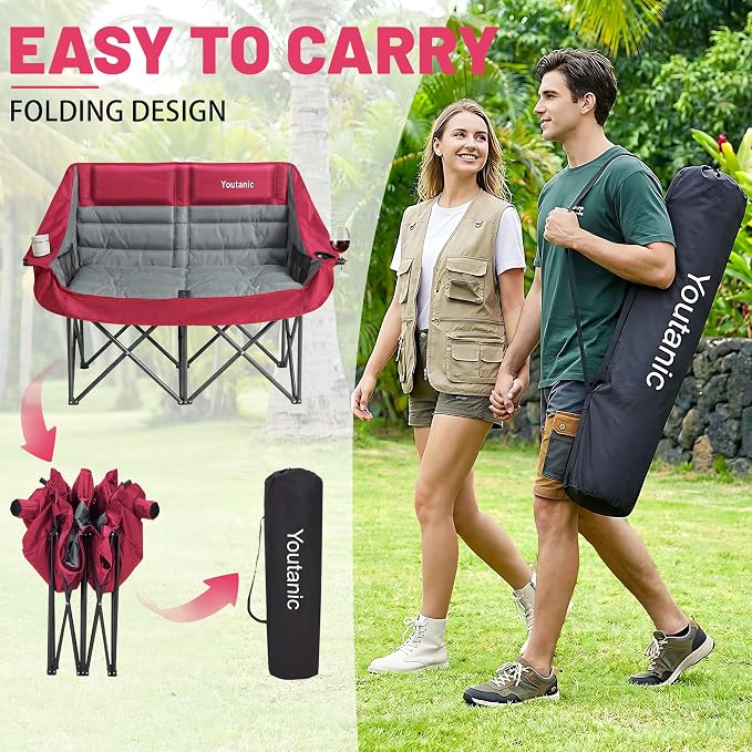 Youtanic Oversized Extra Large Double Padded Camping Chair up to 660lbs, Folding Loveseat Camp Couch with Pocket, Carry Bag, Portable Camping Chairs for Adults, Fishing, Sports, Trip, Red