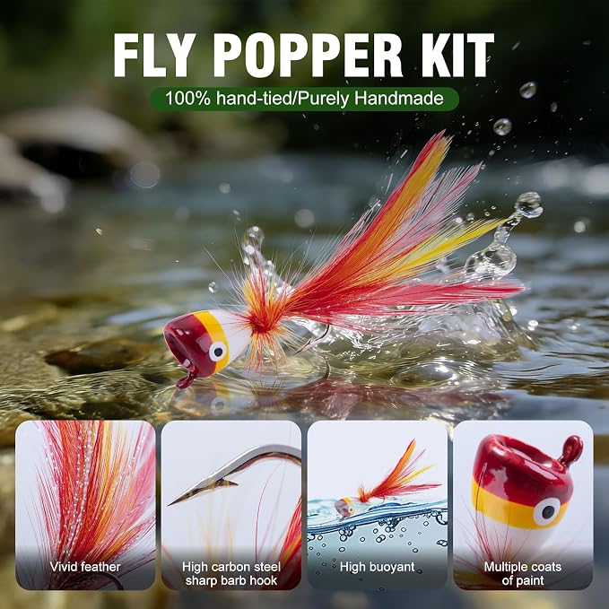 Goture Fly Fishing Poppers Lures, Topwater Popper Flies Bugs Lure, Fly Fish Poppers Fishing Lures Kit, Dry Flies for Panfish Bluegill Crappie Sunfish Bass Trout Salmon