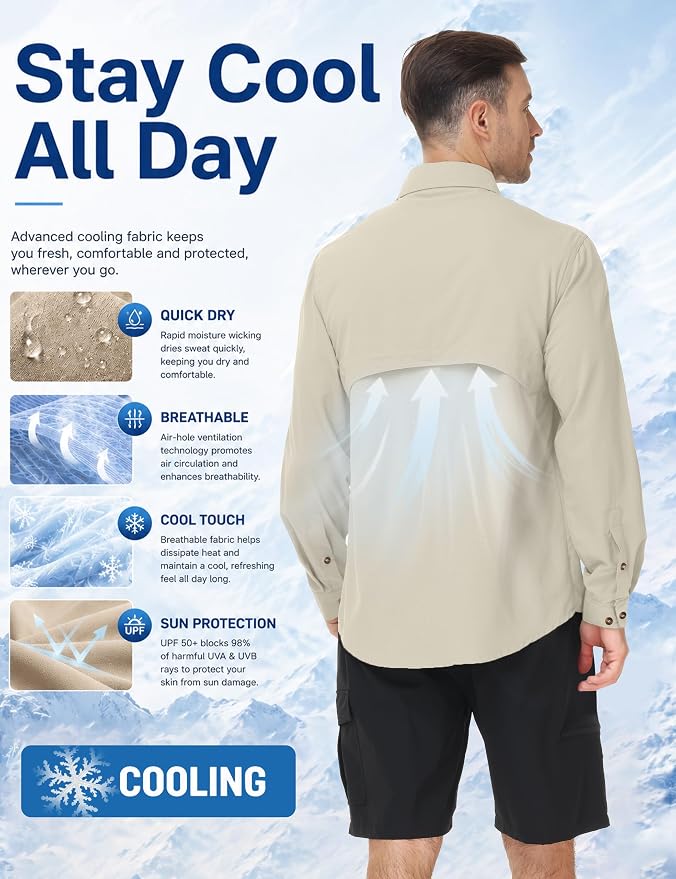Roadbox Men's Sun Protection Fishing Shirt, Long Sleeve Cool Dry Lightweight UPF 50+ Shirts for Hiking Safari Camping Travel