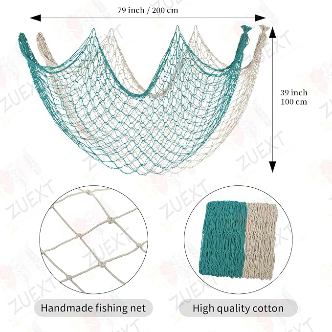 ZUEXT Beige & Aqua Decorative Fishing Net 80x40 Inch, 2PCS Large Picture Fish Net, Pirate Mermaid Net for Nautical Ocean Themed Under The Sea Party, Wall Hanging Fishnet for Photo Display