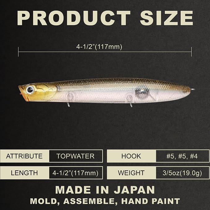 LUCKY CRAFT Gunfish 117 Freshwater Fishing Lures, Top Water Fishing Gear for Trout and Bass Fish, Spooks Cupped Mouth Walker, Long Casting Treble Hooks, Fish Accessories for Tackle Box