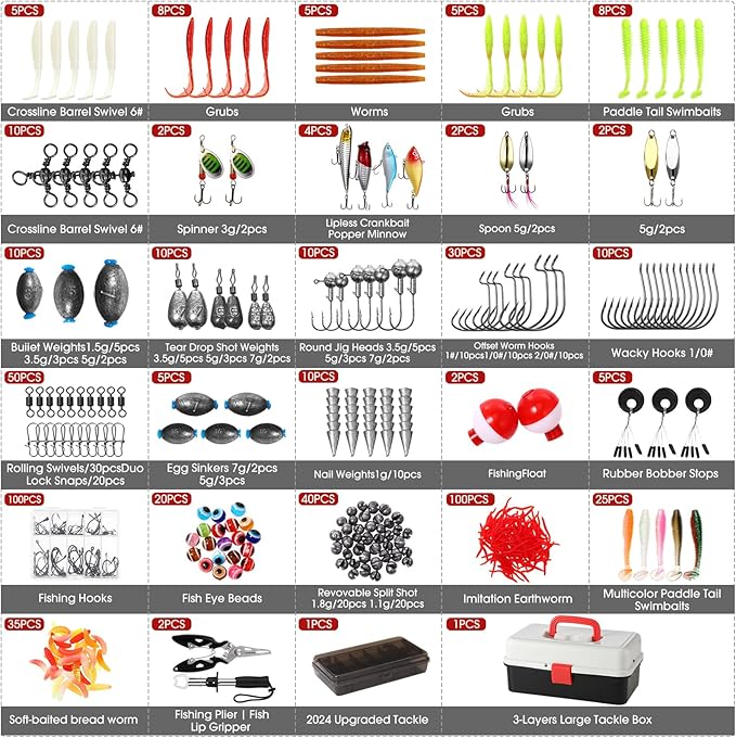 517 Pcs Father's Day Large 3 Layers Tackle Box with Tackle Fishing Lures Kit Included Pliers, Fish Lip Gripper, Crankbait, Hooks, Other Accessories Fishing Kit for Men Gifts(Black White)