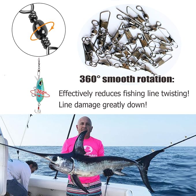 AGOOL Barrel Swivel Snap Kit - 50pcs Barrel Swivels with Safety Snaps High Strength Fishing Quick Connect Snap Swivels with Solid Ring Fishing Tackle Accessories Box Kit Size 4#,6#,8#,10#,12#,14#