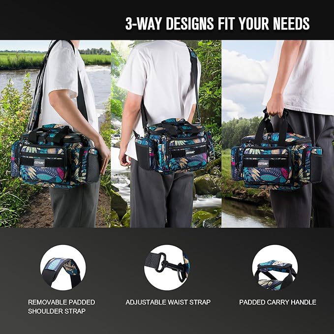 Goture Fishing Tackle Bag, 600D Water-Resistant Soft Side Crossbody Sling Bag for Men & Women,Small Gear Storage Tactical Bags for Saltwater & Freshwater,Fits 4 3600 Tackle Boxes (Not Included)