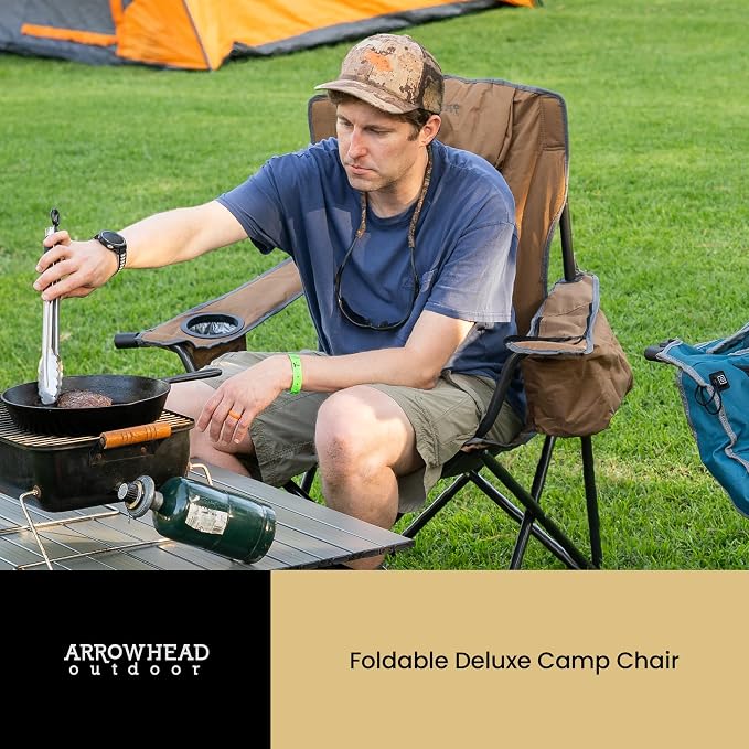 ARROWHEAD OUTDOOR Portable Deluxe Folding Camp Quad Chair w/Headrest, Glass & Cup Holders, Armest 6-can Cooler, Heavy Duty Carry Bag, 550 lbs Weight Capacity