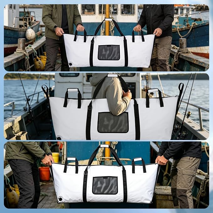 Goture Insulated Fish Cooler Bag, 500D PVC Leakproof Fishing Kill Bag, Portable Waterproof Fish Bags with Carry Handle and Strap, Large Fishing Cooler Bags with Drain Plug, 59.84”x 20.08”x 9.06”