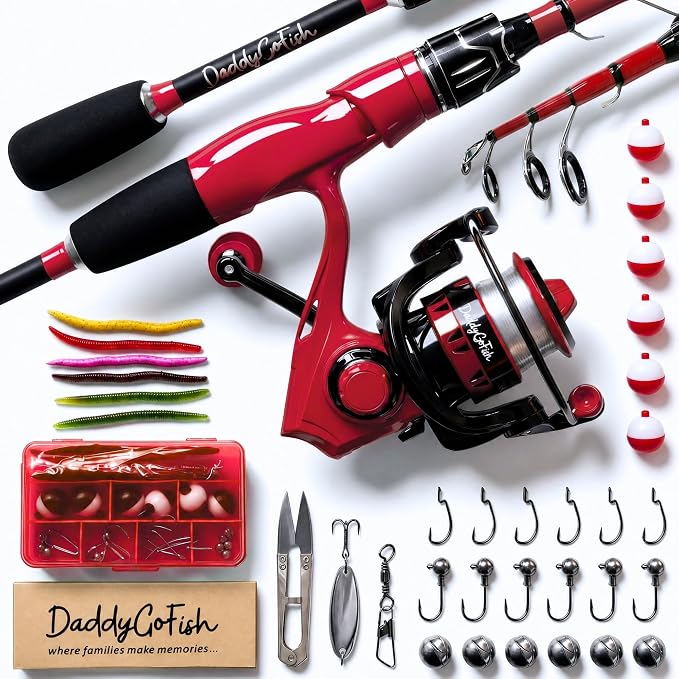DaddyGoFish Spinning Fishing Rod and Reel Combo Set with Tackle Box | Kids Fishing Pole | Carbon Fiber Telescopic Fishing Rod Kit | Spinning Reel for Travel Saltwater Freshwater Fishing Gear Kit