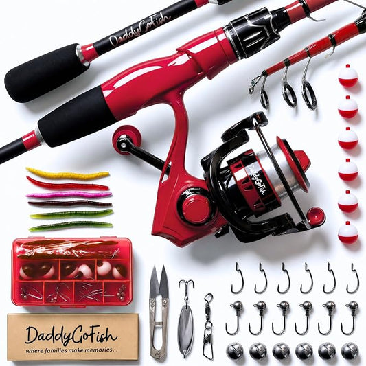 DaddyGoFish Spinning Fishing Rod and Reel Combo Set with Tackle Box | Kids Fishing Pole | Carbon Fiber Telescopic Fishing Rod Kit | Spinning Reel for Travel Saltwater Freshwater Fishing Gear Kit