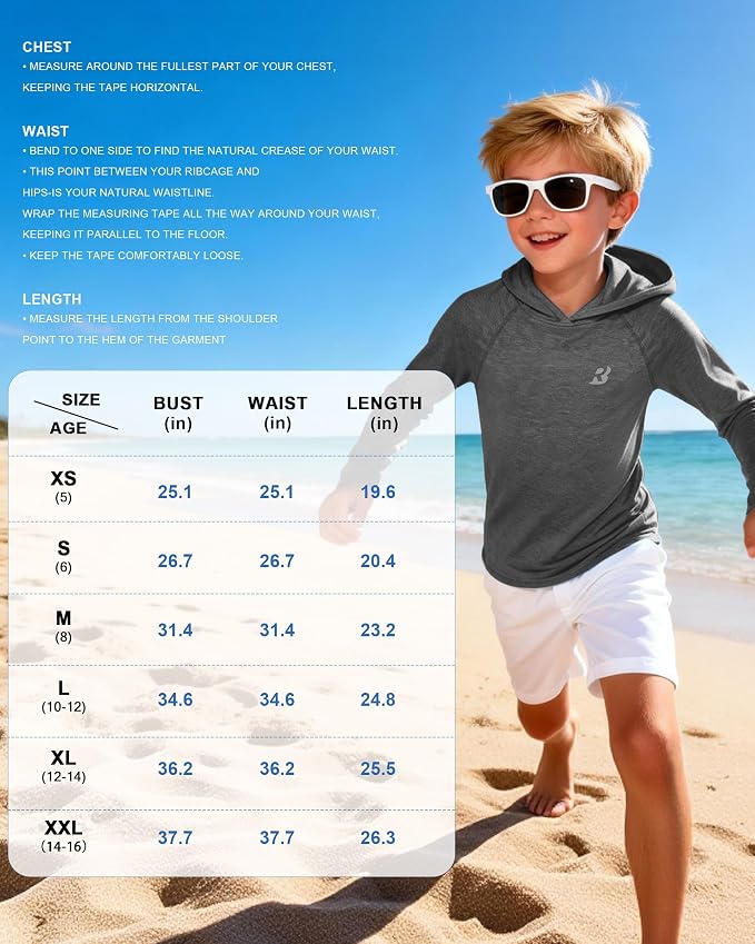 Roadbox Boys Rash Guard Hooded Fishing Shirt, Kids UPF 50+ Long Sleeve Sun Hoodie, Youth UV Protection Beach Swim Shirts