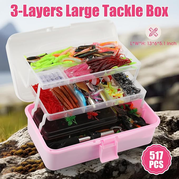 517 Pcs Father's Day Large 3 Layers Tackle Box with Tackle Fishing Lures Kit Included Pliers, Fish Lip Gripper, Crankbait, Hooks, Other Accessories Fishing Kit for Men Gifts(Pink White)