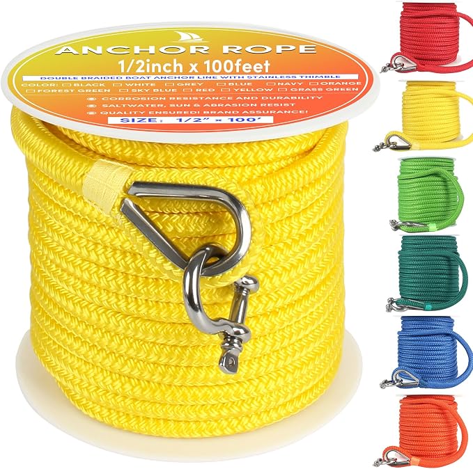 Boat Anchor Rope 100 ft x 1/2 inch Yellow, Double Braided Anchor Line with Stainless Steel Thimble & Shackle, Marine Rope Ideal for Towing,Mooring,Decks,Anchoring,for Boats Up to 35'
