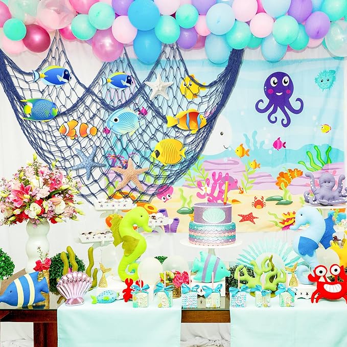 6 Pack Natural Fish Net Decorative Cotton Fishnet for Pirate, Mermaid, Nautical, Hawaii Luau Party, Ocean Themed Wall Hanging Beach Bash Decoration Supplies (Blue)