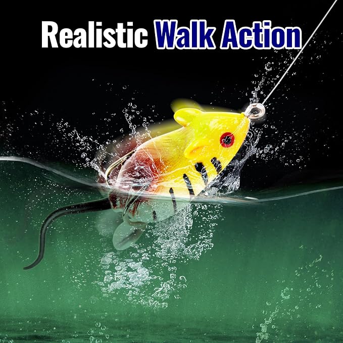 Topwater Mouse Rat Fishing Lure, 5pcs Realistic Soft Rat Bait for Bass, Trout, Pike, Muskie, Hollow Body, Weedless Double‑Barb Hooks, Spinnerbait Blade, Glide Bait & Crankbait Compatible