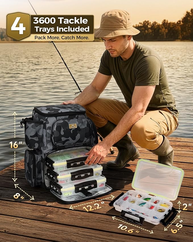 MATEIN Pro Fishing Backpack with 4 Tackle Boxes, 3600 Tackle Box Backpack with Rod Holder, Large Side Gear Storage & Cooler
