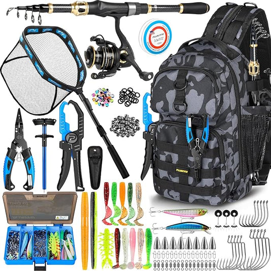 PLUSINNO Fishing Gear- Fishing Rod and Reel Combos, Fishing Backpack, Fishing Net, Fishing Bag with Rod Holders and Tackle Box for Freshwater/Saltwater, Fishing Gifts for Men