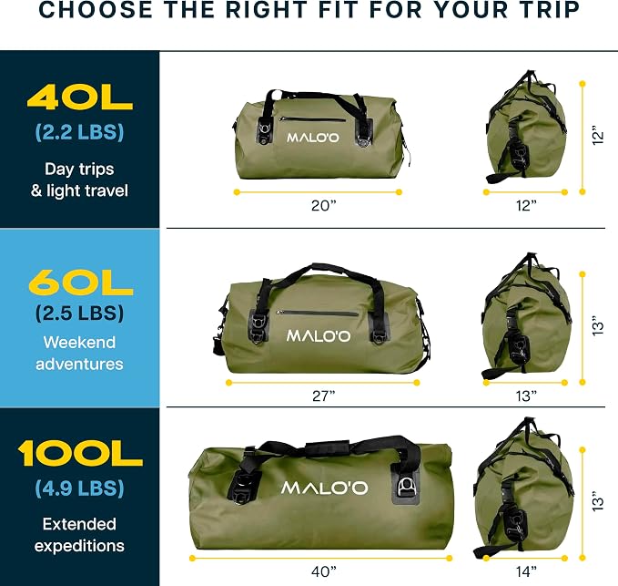 Malo’o Waterproof Dry Duffel, Heavy-Duty Roll Top Waterproof Gear Bag with Shoulder Strap & Molle Loops, Marine Duffel for Kayaking, Boating, Camping, Beach & Travel, Dark Green, 60L