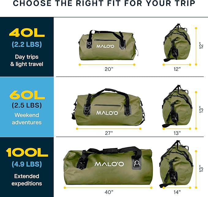 Malo’o Waterproof Dry Duffel, Heavy-Duty Roll Top Waterproof Gear Bag with Shoulder Strap & Molle Loops, Marine Duffel for Kayaking, Boating, Camping, Beach & Travel, Dark Green, 100L