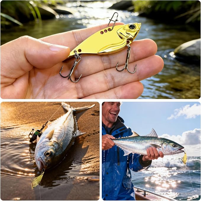 Metal VIB Spinner Blade Baits: 10pcs Blade – Bass & Trout Fishing Lures with Treble Hooks, High-Flash Vibration Hard Baits for Perch Walleye Pike Freshwater Saltwater