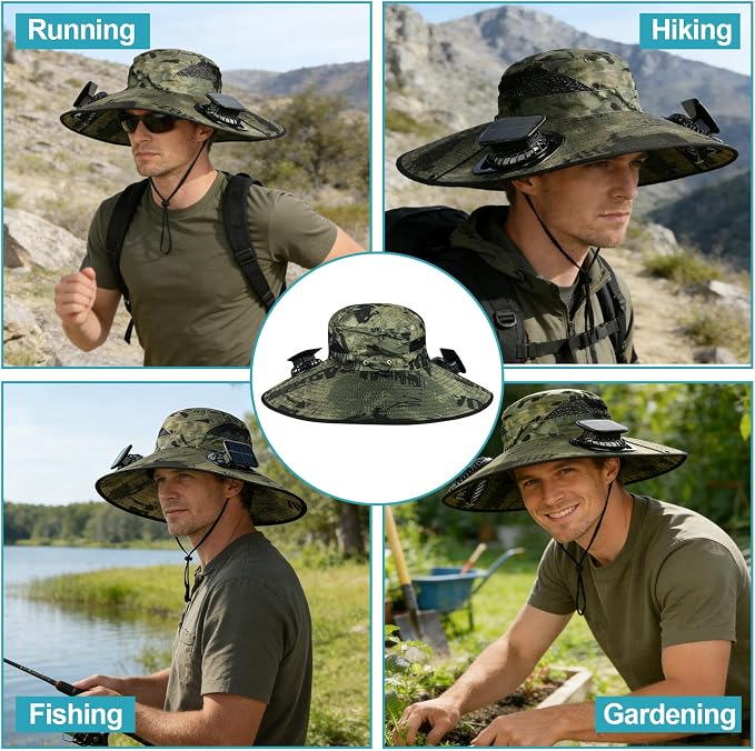 Wide Brim Sun Hat with 2 Solar Fans, UPF 50+, USB Charging for Fishing, Hiking, Beach | Solar Power Hat