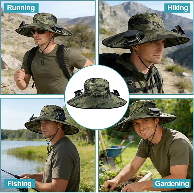 Wide Brim Sun Hat with 2 Solar Fans, UPF 50+, USB Charging for Fishing, Hiking, Beach | Solar Power Hat