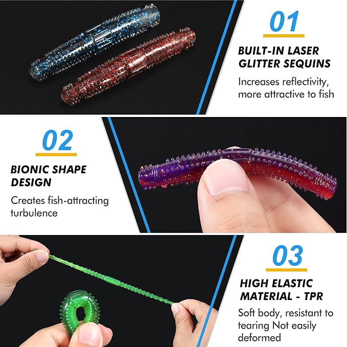PLUSINNO Wacky Worm Fishing Lure Kit, Soft Plastic Fishing Lures, Grub Baits Hook Wacky Rig Bass Trout Fishing Worms Lures w/Tackle Box