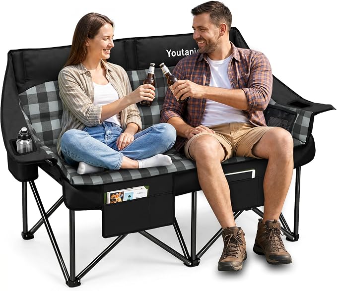 Youtanic Double Camping Chair, Heavy Duty 650lbs Padded Loveseat for Adults, Folding 2 Person Camp Couch with Cup Holder & Carry Bag, Wide Plaid Portable Lawn Seat for Outdoor Beach Sports, Black