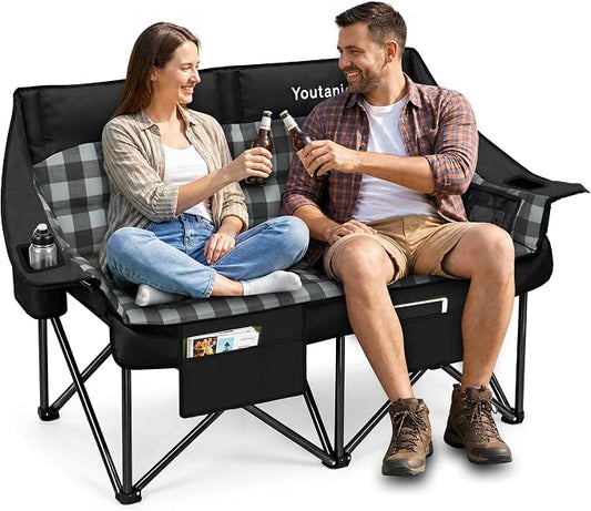Youtanic Double Camping Chair, Heavy Duty 650lbs Padded Loveseat for Adults, Folding 2 Person Camp Couch with Cup Holder & Carry Bag, Wide Plaid Portable Lawn Seat for Outdoor Beach Sports, Black