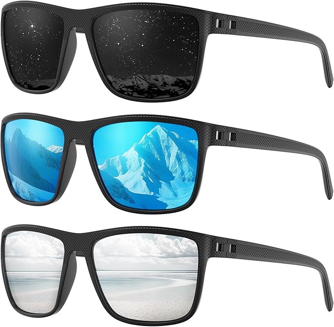 Fanshen Square Polarized Sunglasses for Men, 3 Pack Lightweight UV Protection Sun Glasses for Driving Fishing Golf