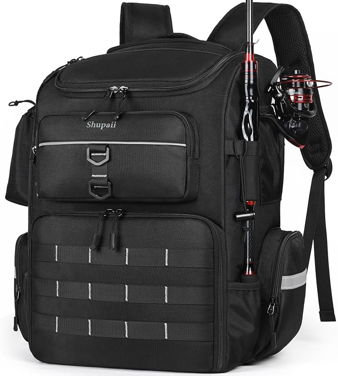 Large Fishing Backpack, Waterproof fishing bag with Rod Holders, 45L Tackle Box Backpack, Fishing Gear Gifts for Men, Tackle Boxes No Including