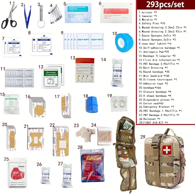 293Pcs/set - First Aid Kit Molle Pouches Emergency Survival Kit Suitable for Outdoor Activities, Home, School, Hiking, Car Travel and Camping - Quick Response First Aid Essentials (CP)