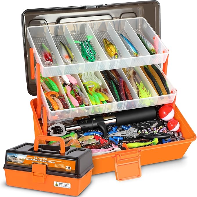 PLUSINNO Large 3 Layers Fishing Tackle Box with Tackle Included, 415Pcs Fishing Lures Kit Contains Pliers, Crankbait, Hooks, Weights & Accessories, Fishing Gear Gifts for Men Starter Kits Bass Trout