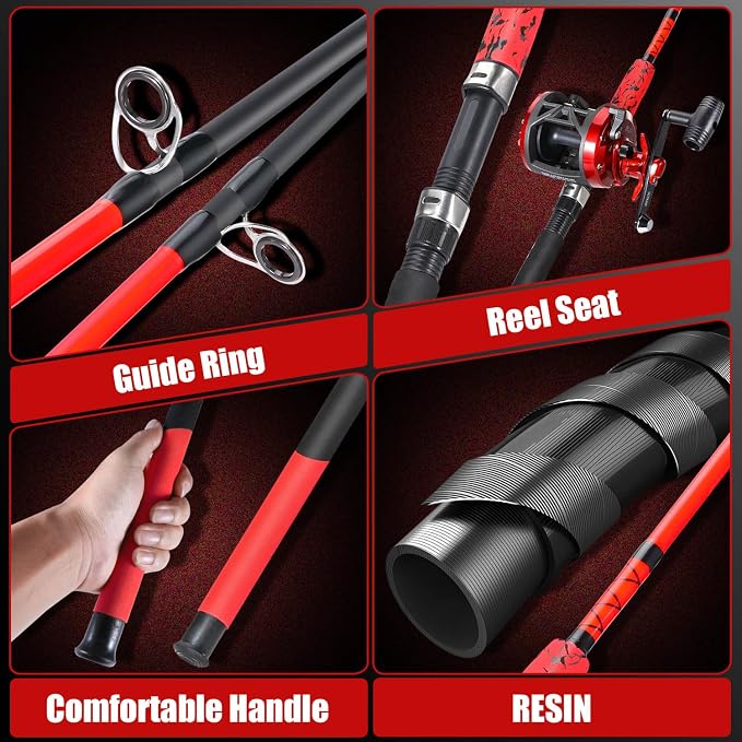 Sougayilang Conventional Reel and Fishing Rod Combo – Medium Heavy Fiberglass Rod, Heavy Duty Catfish Trolling Reel Combo for Catfish Salmon and Steelhead 6/7ft
