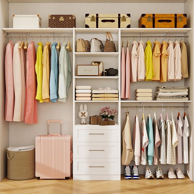 Closet System with Drawers, 5FT-8FT Closet Organizer System with 3 Side Top Shelves(Cuttable) & 3 Expandable Hanging Rods, 96" Walk in Closet Storage Shelving System, Walk in Closet System, White