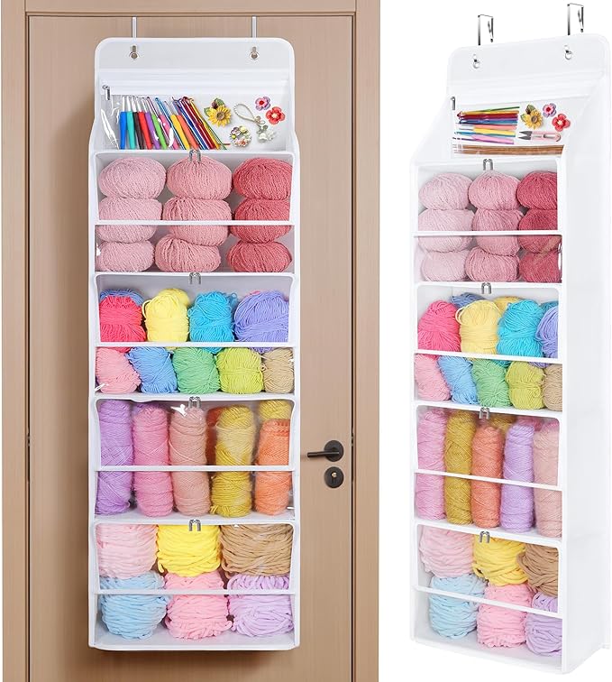 Univivi Hanging Yarn Storage Organizer with 5 Zipper Closure Compartments, Large Capacity Knitting Organizer Storage, Over the Door Hanging Yarn Holder for Knitting Needles,Crochet Hooks (Clear White)