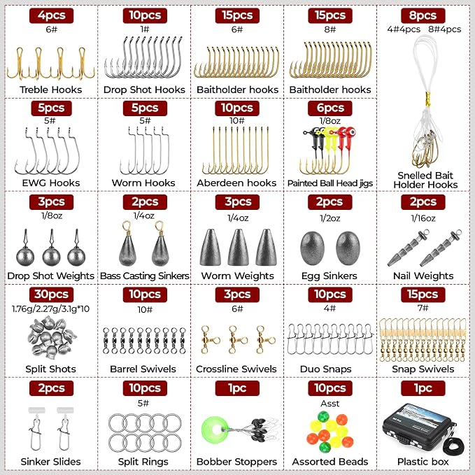 MadBite by KastKing 182/265/400pcs Compact Fishing Tackle Kit - All-in-One Freshwater Hooks, Weights, Bobbers in Tackle Box, Fishing Gear Set for Bass Trout Panfish