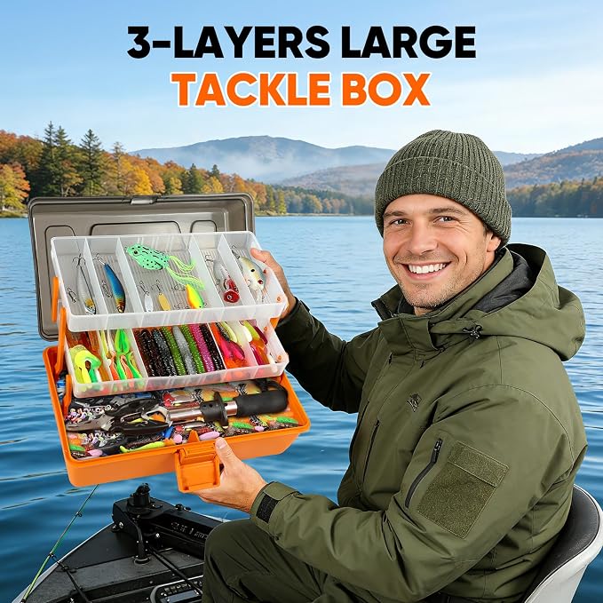 445Pcs Fishing Lures Kit Large 3-Layer Tackle Box whit Tackle，Pliers, Crankbait, Hooks, Weights & Accessories Complete Freshwater Bass Fishing Gift for Men Fishing Enthusiast