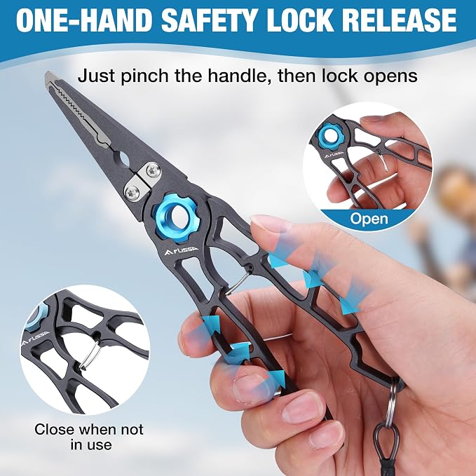 FLISSA Fishing Pliers, Safety Lock Design Fish Pliers Saltwater, Aluminum Hook Remover, Titanium 6Al-4V Jaw and Tungsten Carbide Line Cutters, Sheath & Lanyard, Fishing Gear Gifts for Men