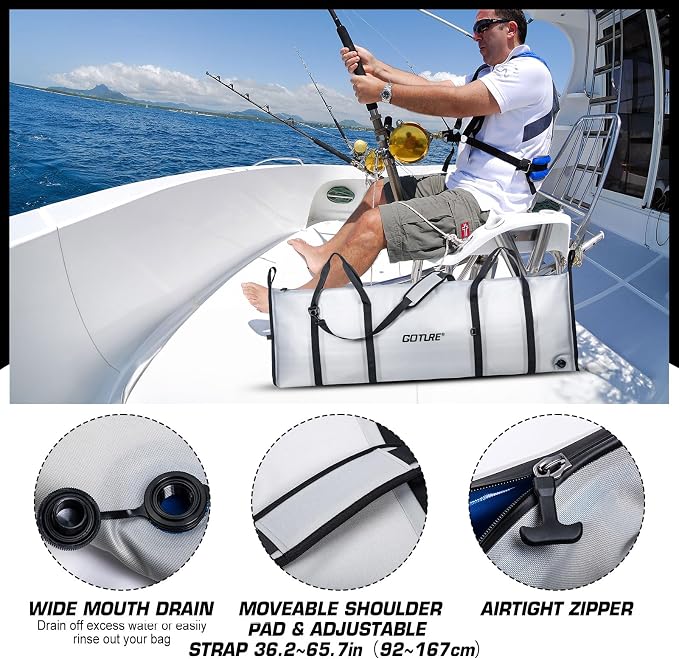 Goture Insulated Fish Cooler Bag, 840D TPU Leakproof Fish Kill Bag with Airtight Zipper, Large Waterproof Fishing Cooler Bag with Carry Handle, Drain Plug, Keep Ice Cold All Day, 59.8inx20in