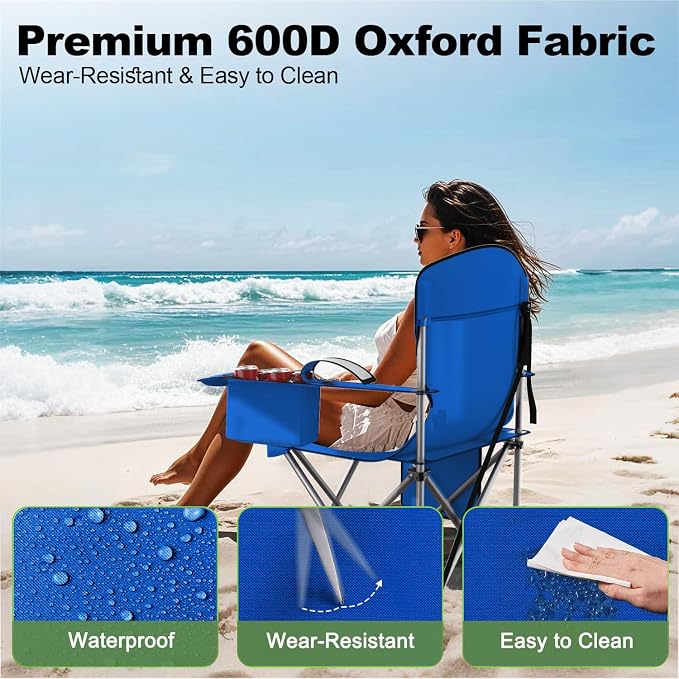 VTOY Folding Camping Chairs Durable 600D Oxford, Portable Outdoor Chair with Cooler Pouch, Cup Holder & Storage Pocket for Camping, Beach, Fishing