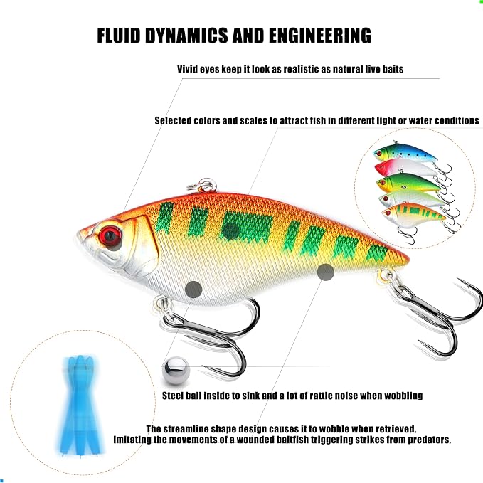 EXAURAFELIS Lipless Crankbait Fishing Lures Fishing Gear Vibration Lures VIB Lure with Treble Hook Swimbait FishingBait Sinking Lure for Bass Trout Walleye Redfish
