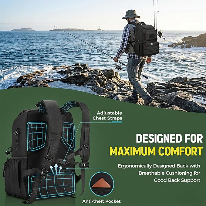 MATEIN Fishing Backpack Tackle Box, Water Resistant Tackle Backpack with Cooler & Rod Holders, Fishing Gifts for Men